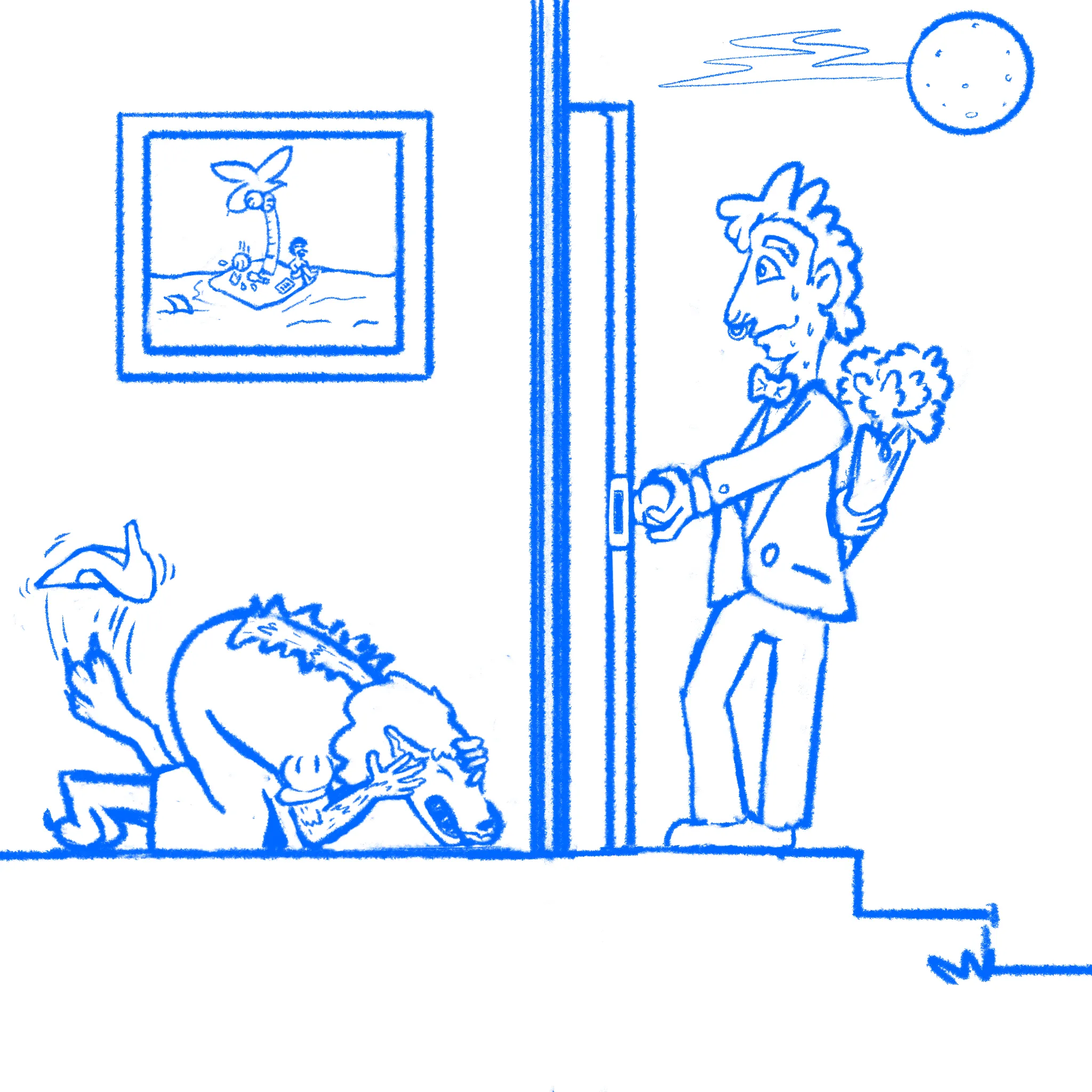 Original hand-drawn cartoon: woman with wolves, man nervous on couch