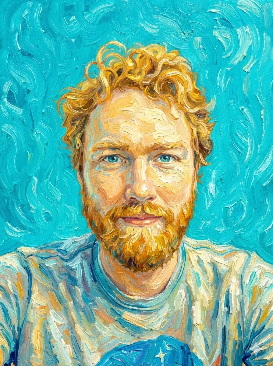 Final impressionist profile picture with bright teal background